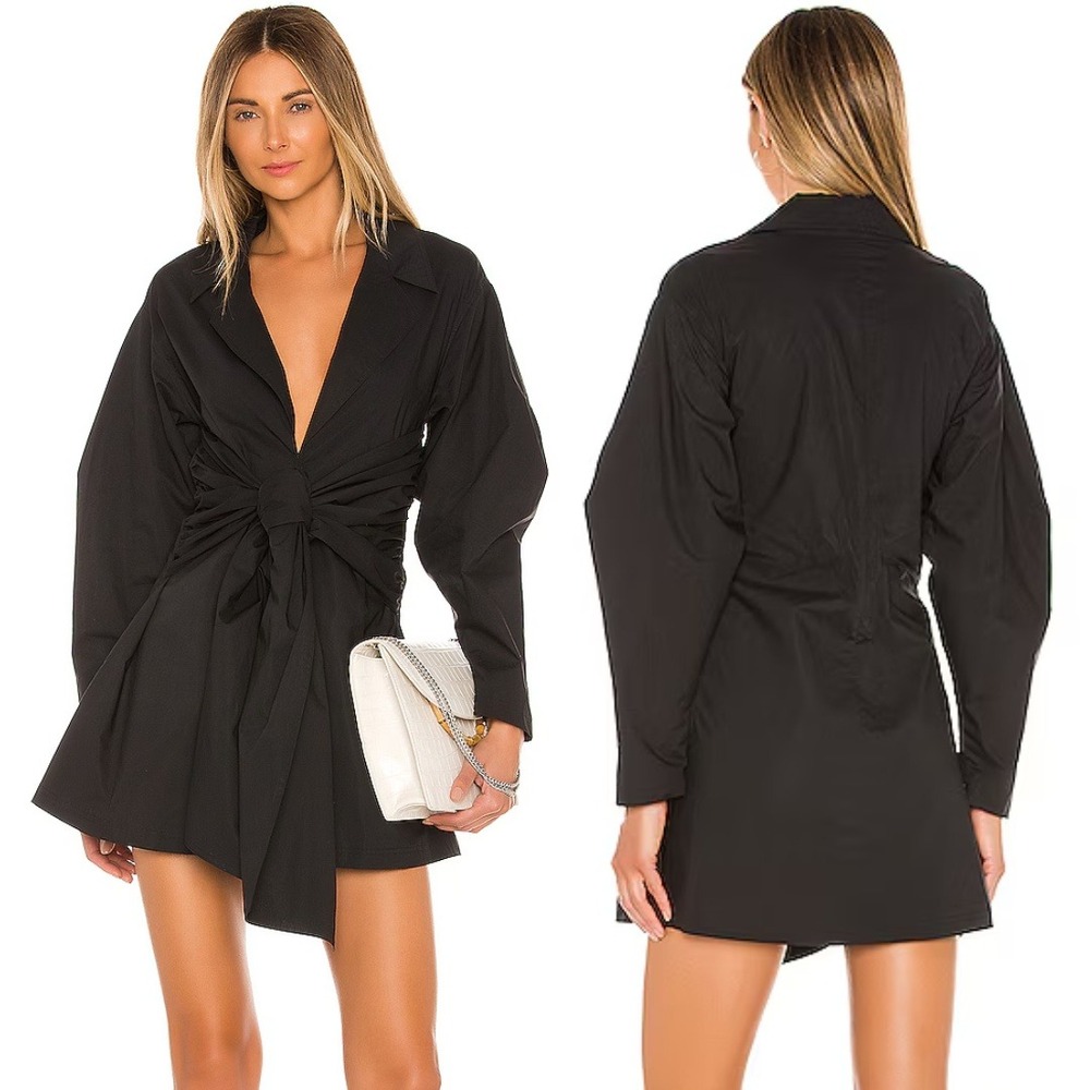 L'Academie Dress Draya Black Cotton Ruched Wrap Mini Dress Long Sleeve Size S